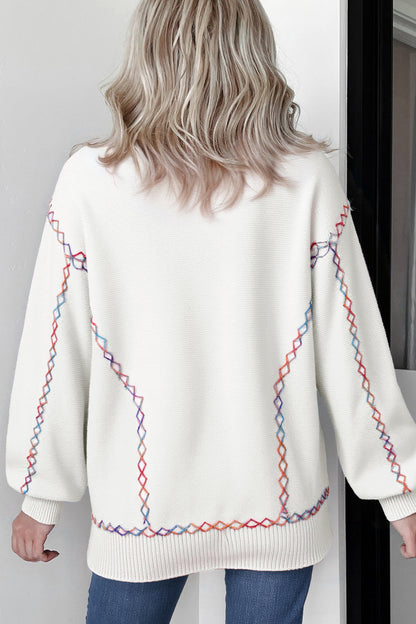 White Rainbow Stitching Balloon Sleeve Relaxed Sweater - Snoopy's Closet