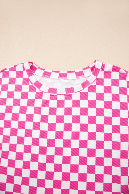 Pink Checkerboard T Shirt and High Waist Skorts 2 Piece Outfit