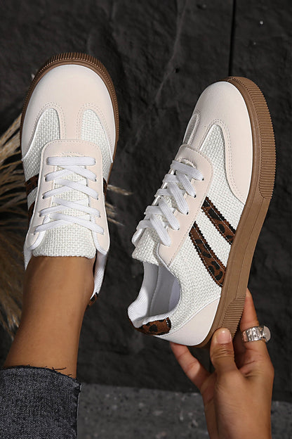 White Textured Woven PU Leather Leopard Patchwork Flat Sneakers - Snoopy's Closet