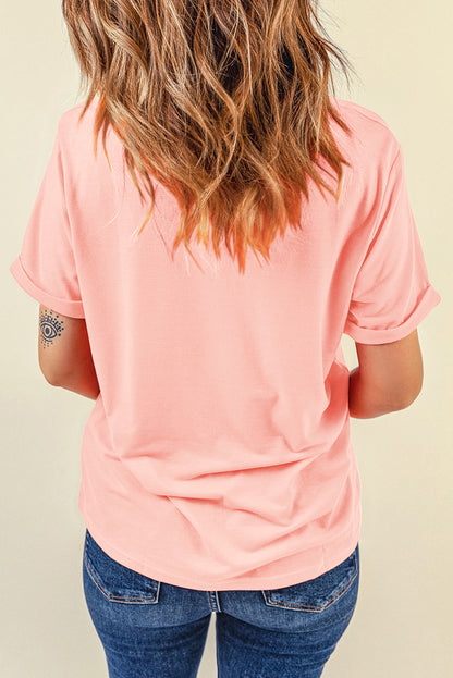 Pink Casual Plain Crew Neck Tee - Snoopy's Closet