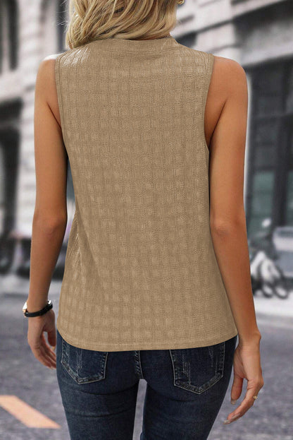 Light French Beige Lattice Textured Split Neck Tank Top - Snoopy's Closet