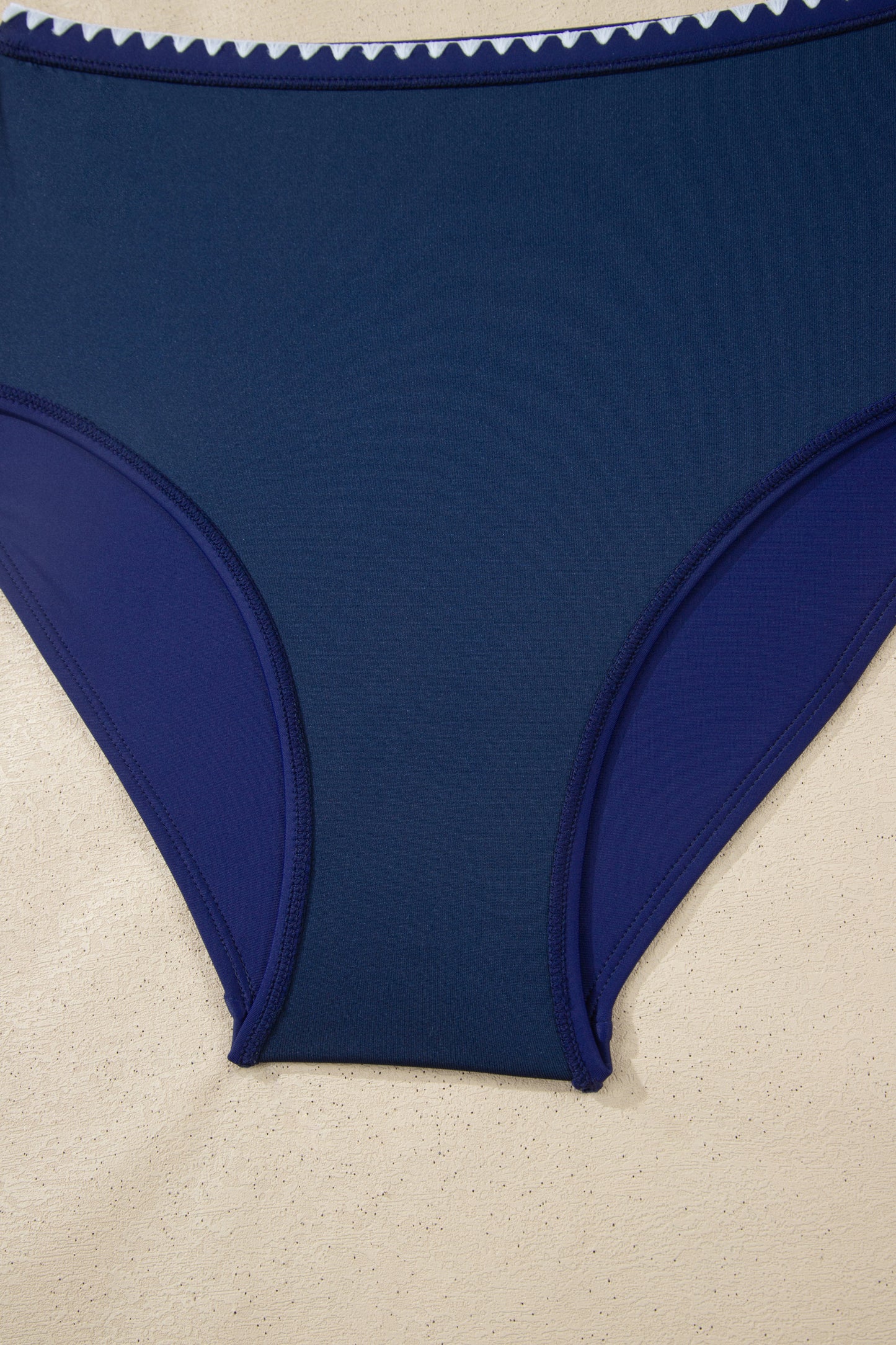 Dark Blue Shell Stitched Trim V Neck Textured Mix and Match High Waist Bikinis - Snoopy's Closet