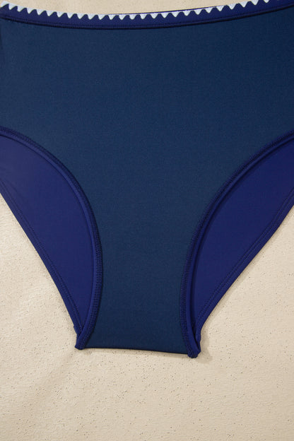 Dark Blue Shell Stitched Trim V Neck Textured Mix and Match High Waist Bikinis - Snoopy's Closet