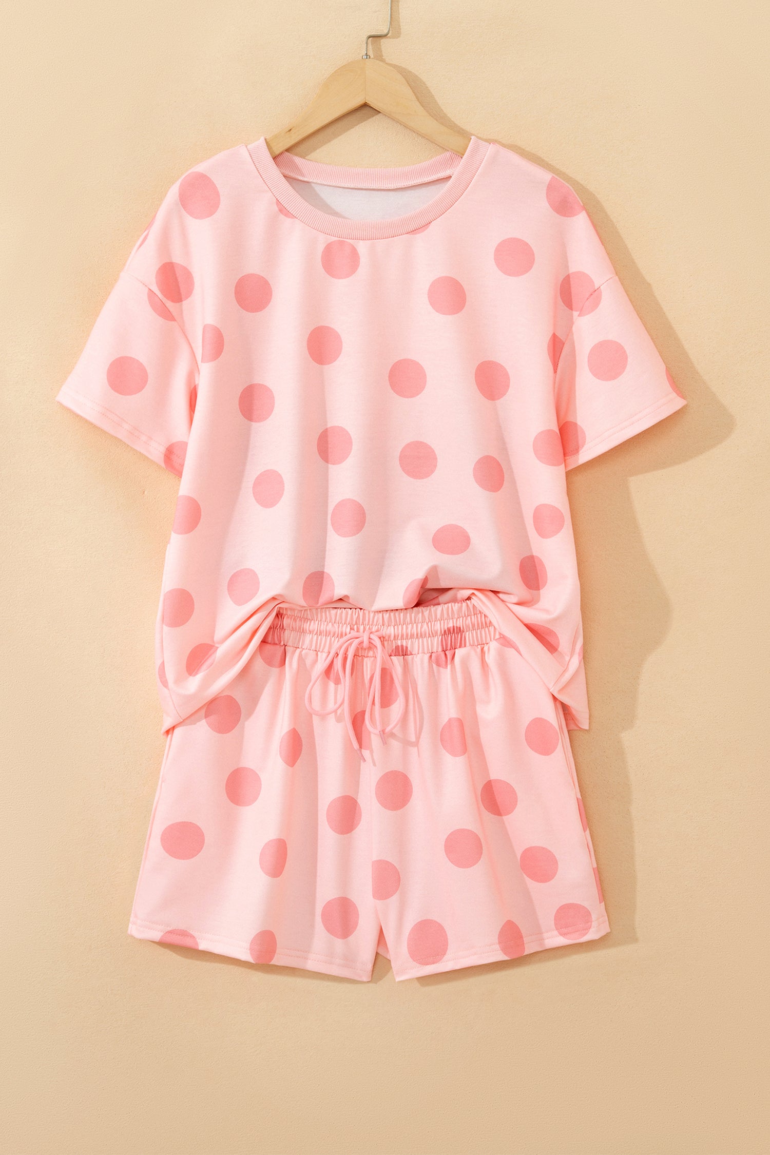 Pink Polka Dot Print Loose Tee Drawstring Elastic Waist Short Set - Snoopy's Closet