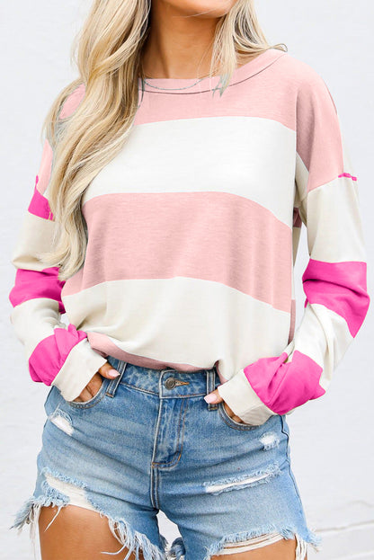 Light Blue Colorblock Striped Drop Shoulder Long Sleeve Top - Snoopy's Closet