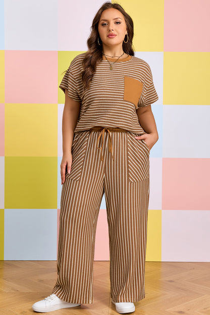 Conjunto de descanso de talla grande a rayas caqui con bloques de color y bolsillos