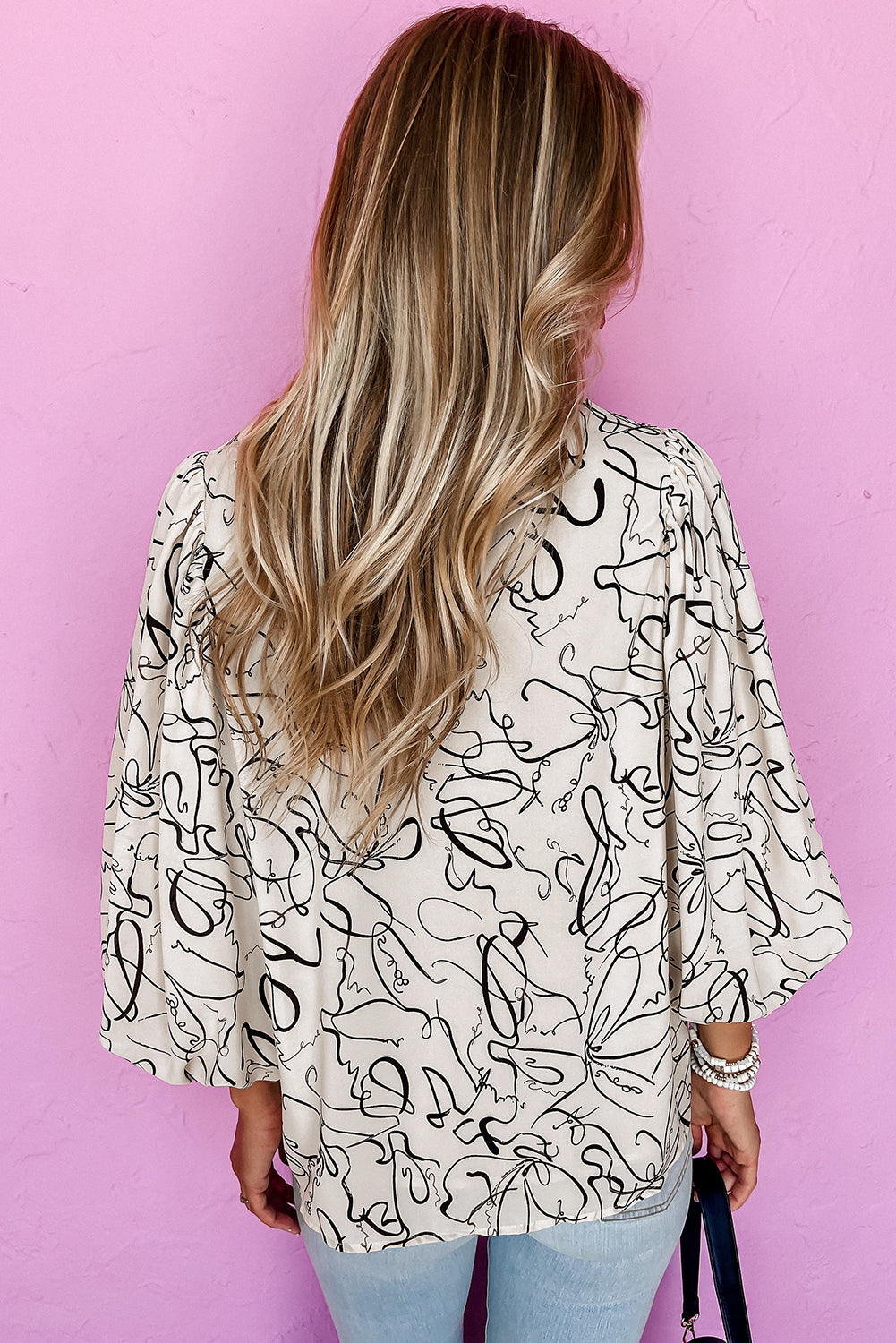 Beige Abstract Print Balloon Sleeve Crew Neck Blouse - Snoopy's Closet