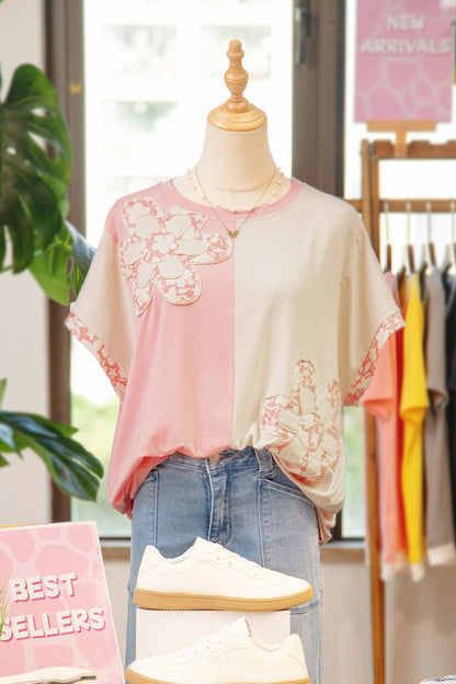 Apricot Color Block Flower Patched Loose T Shirt - Snoopy's Closet