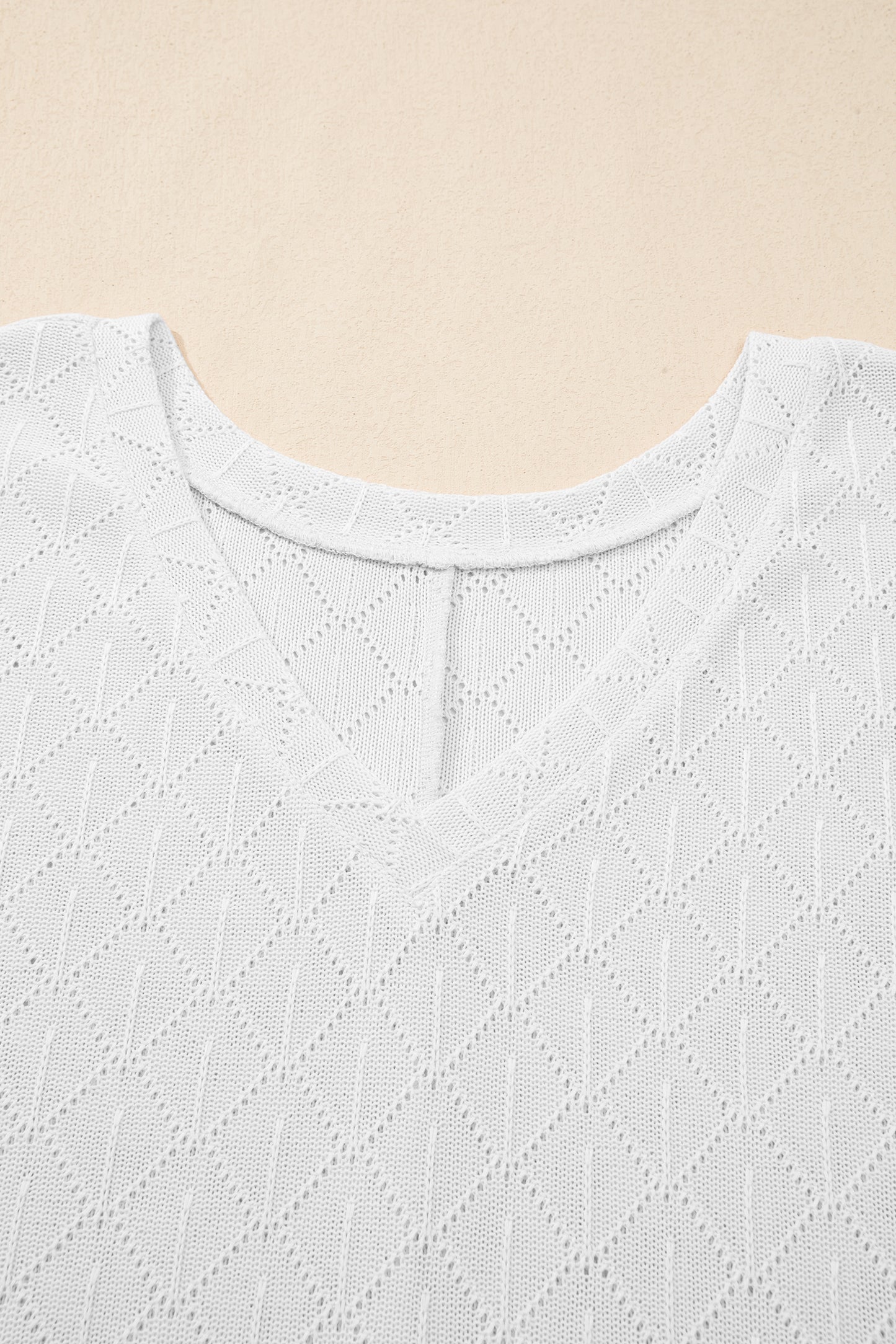 White Pointelle Rhombus Knit Plus Size V Neck Loose Top