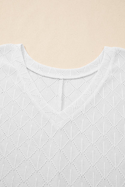 White Pointelle Rhombus Knit Plus Size V Neck Loose Top
