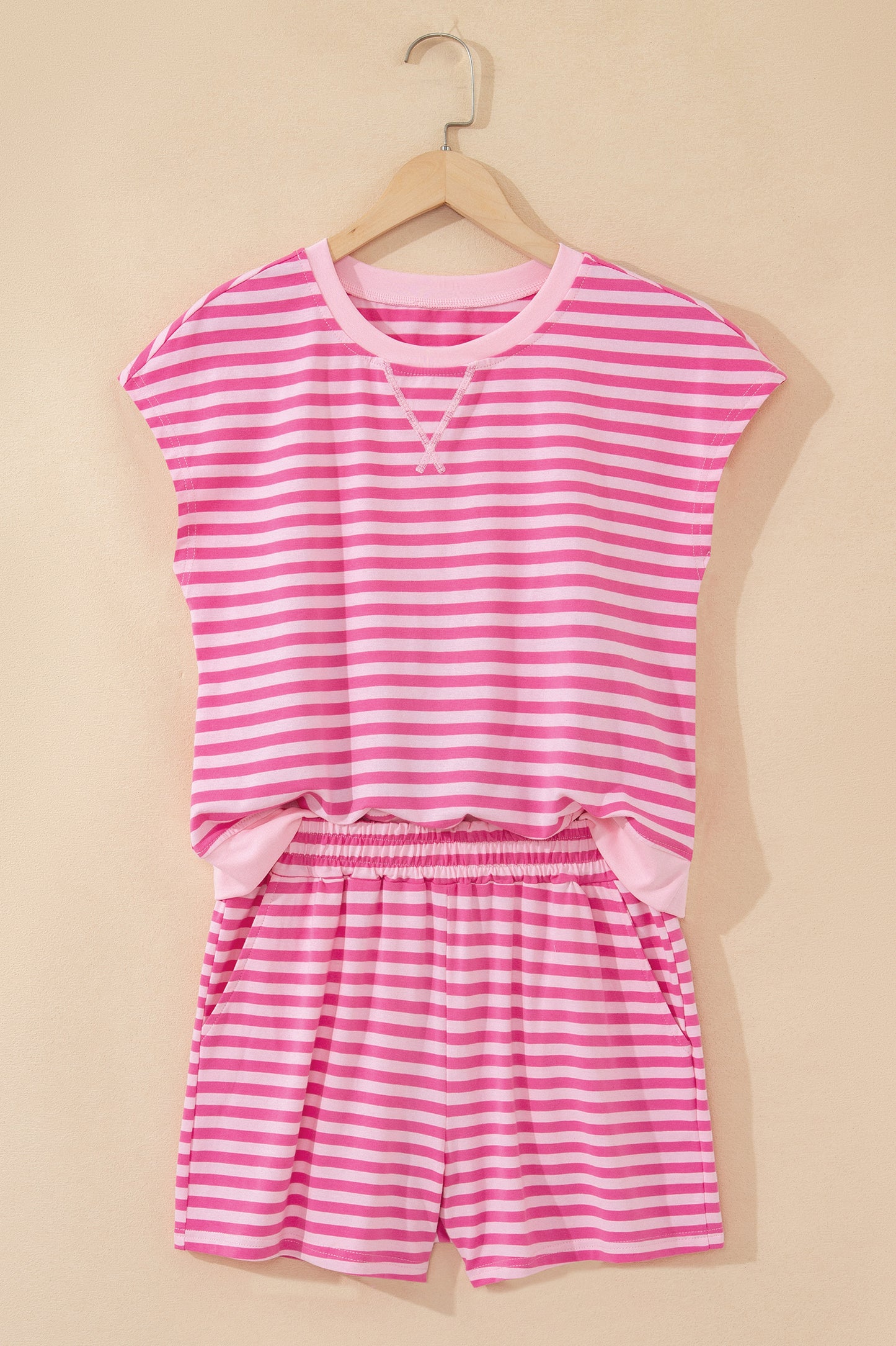 Pink Stripe Cap Sleeve Tee Elastic Waist Shorts 2pcs Outfit - Snoopy's Closet