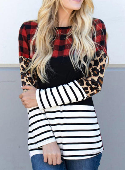 Plaid Print Leopard Splicing Striped Color Block Long Sleeve Top - Snoopy's Closet