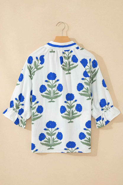 Green Casual Wild Flower Print V Neck 3/4 Sleeve Blouse