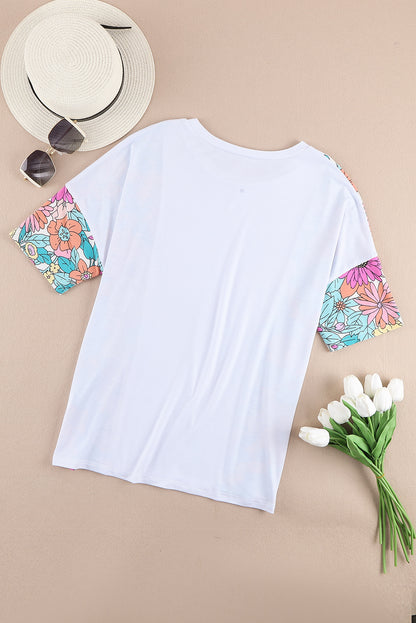 White Floral Print Patchwork Short Sleeve Top - Snoopy's Closet