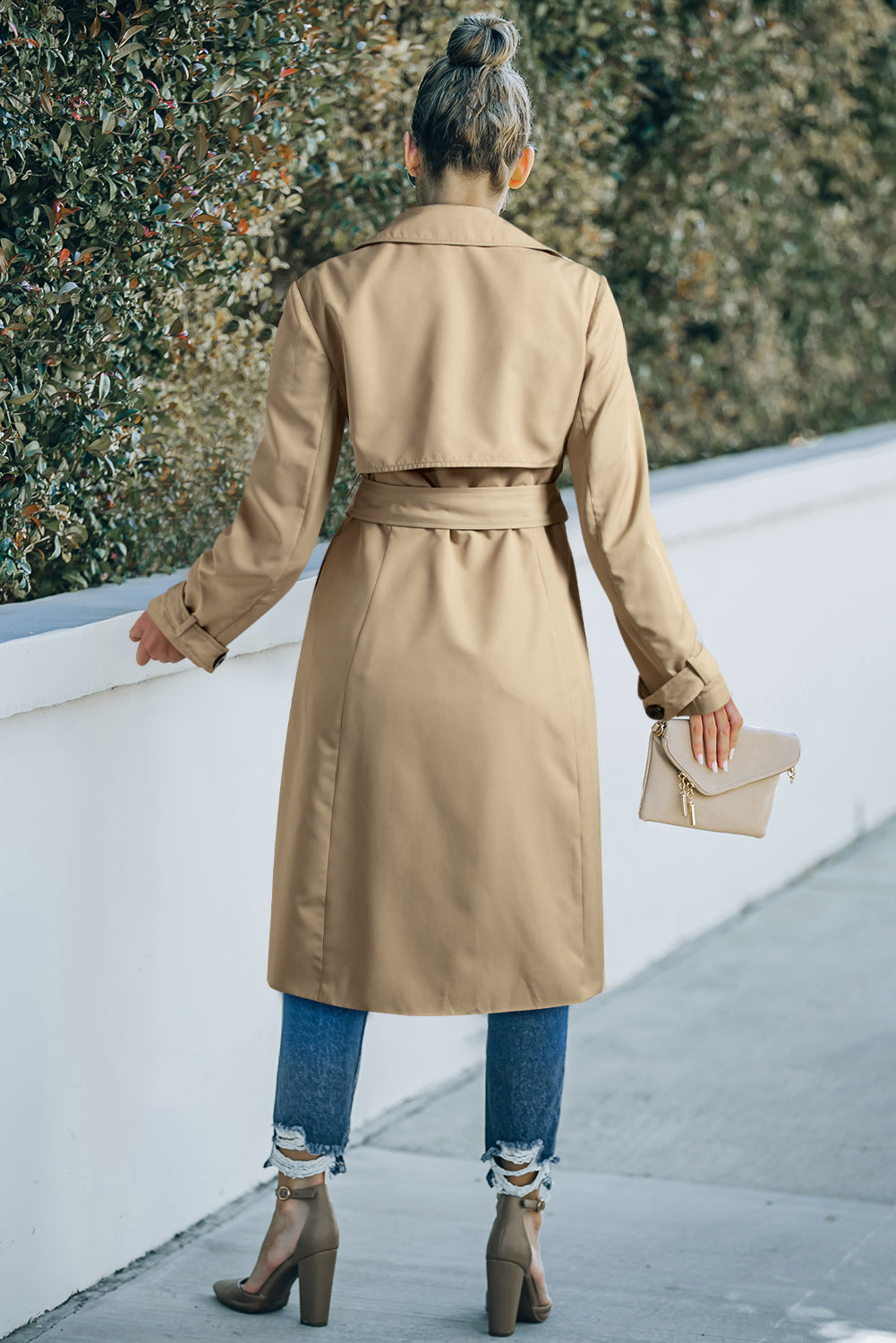 Pale Khaki Solid Color Lapel Collar Waist Tie Wind Coat - Snoopy's Closet
