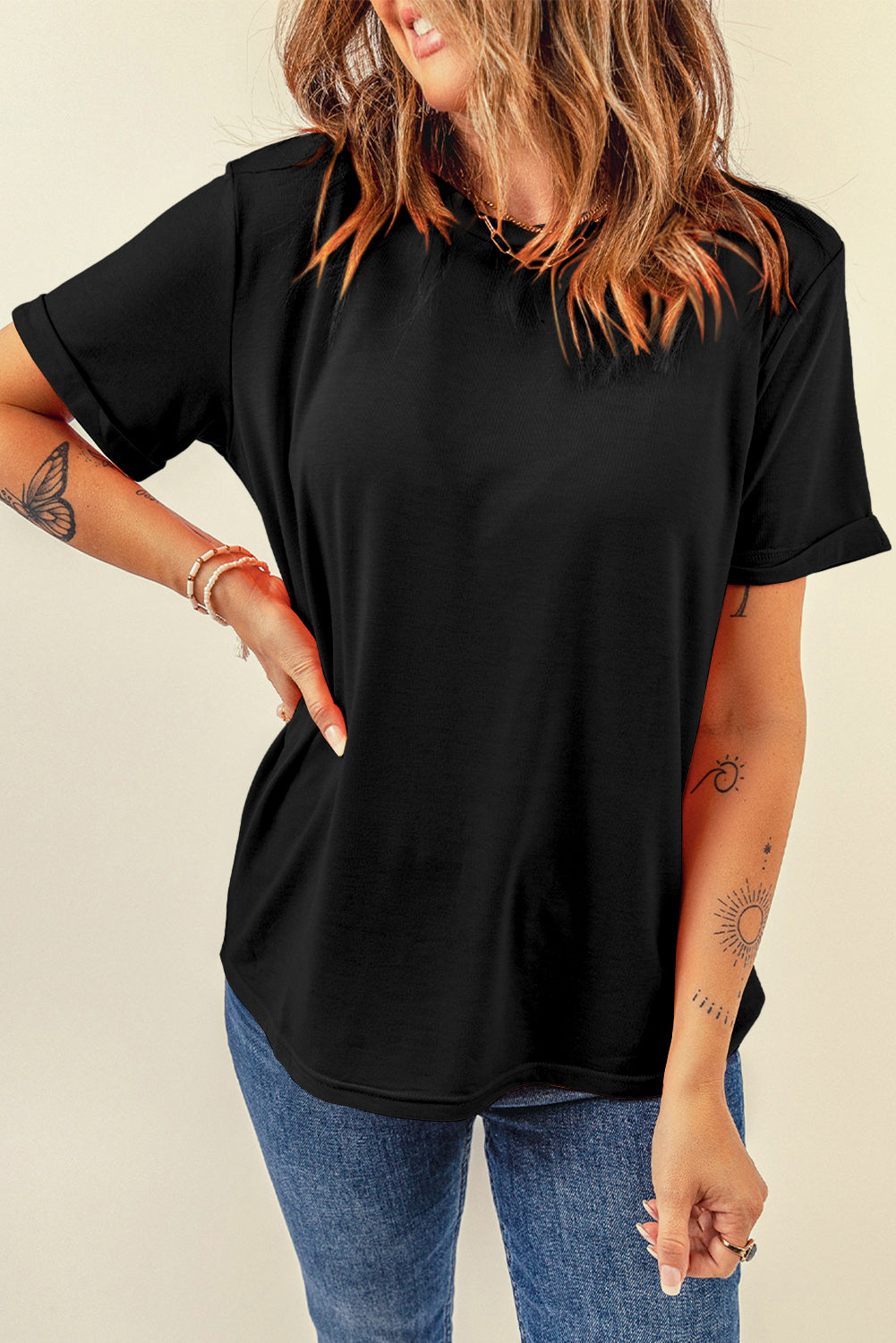 Black Casual Plain Crew Neck Tee - Snoopy's Closet