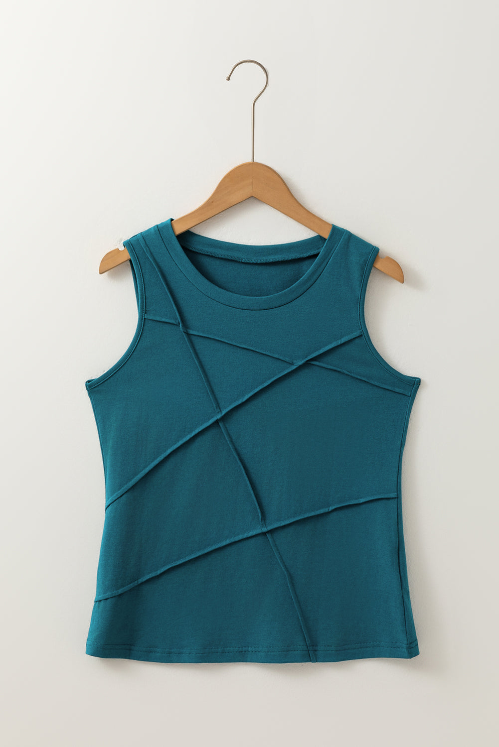 Blue Sapphire Solid Color Stitching Detail Round Neck Tank Top - Snoopy's Closet