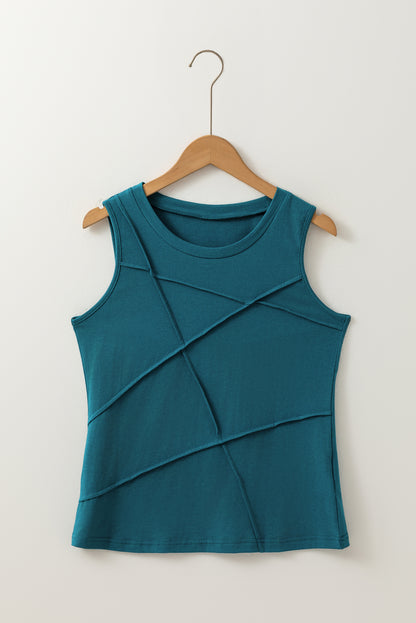 Blue Sapphire Solid Color Stitching Detail Round Neck Tank Top - Snoopy's Closet