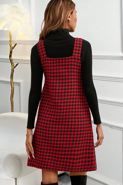 Red Houndstooth Print V Neck Sleeveless Mini Dress - Snoopy's Closet