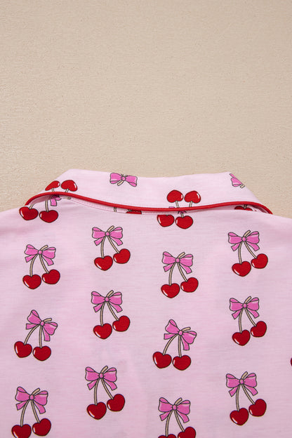 Pijama corto con estampado de cerezas/lazos rosas
