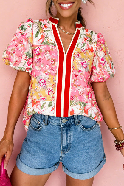 Pink Contrast Collared V Neck Short Sleeve Floral Blouse - Snoopy's Closet