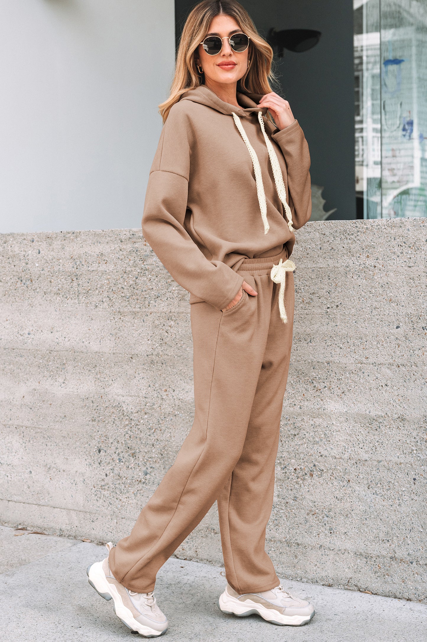 Parchment Leopard Drawstring Pullover Hoodie and High Waist Pants Corduroy Suit - Snoopy's Closet