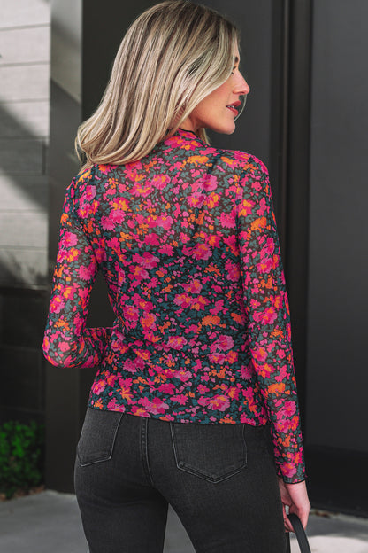 Rose Floral Print Slim Fit Mesh Long Sleeve Mock Neck Top - Snoopy's Closet