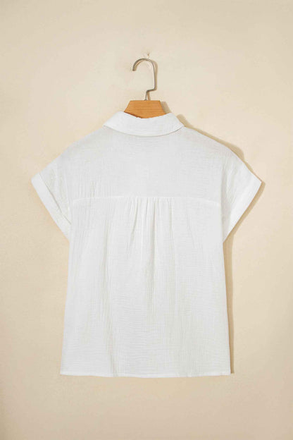 White Lace Trim Cuffed Short Sleeve Textured Shirt
