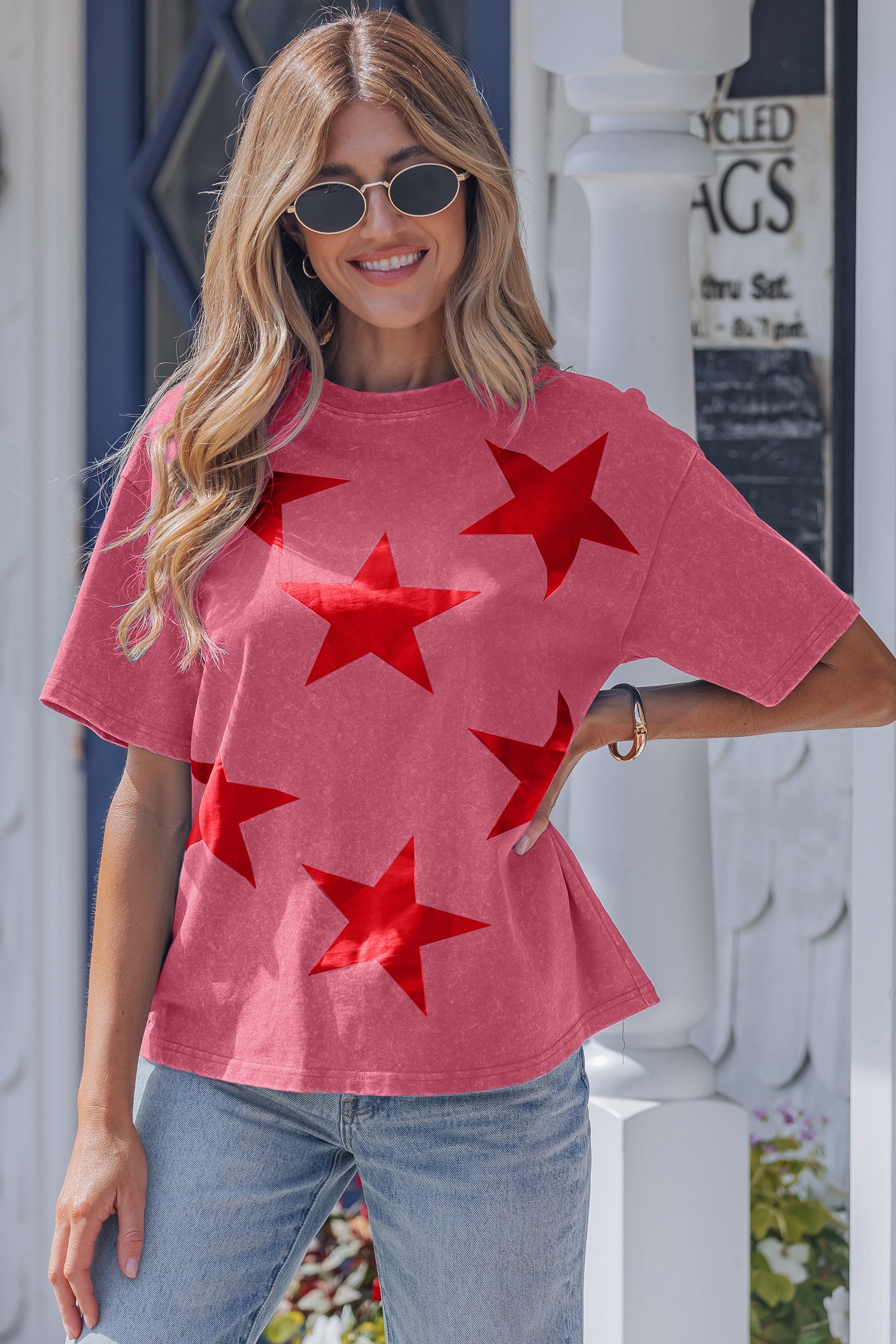 Red Independence Day Star Printed Mineral Wash T Shirt