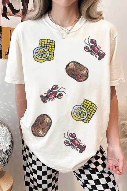 Camiseta blanca con cuello redondo, estampado de lentejuelas, cangrejo, patata, limón y maíz