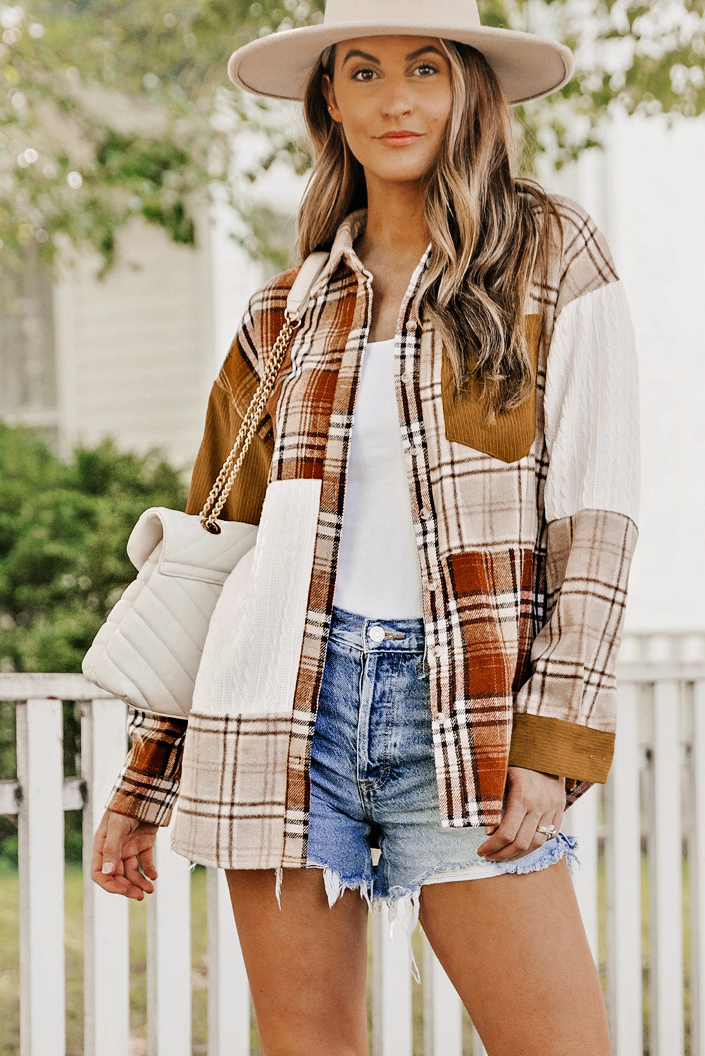 Camisa chaqueta con bolsillos y bloques de color a cuadros naranjas