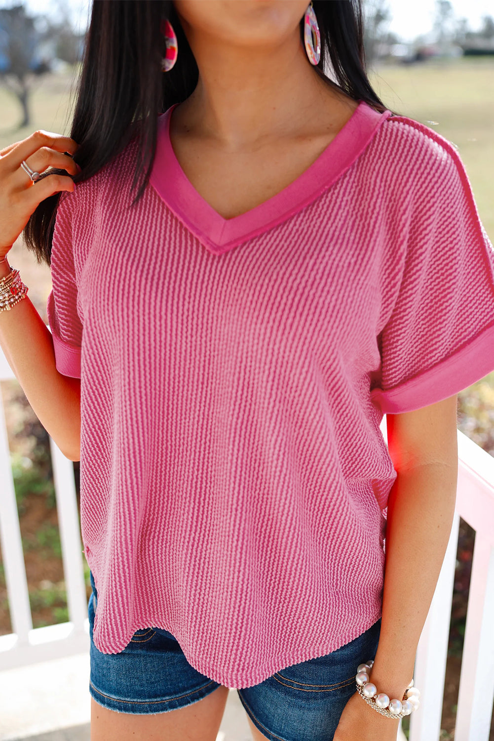 Rose Red Twisted Ribbed Knit V Neck Casual Tee - Snoopy's Closet