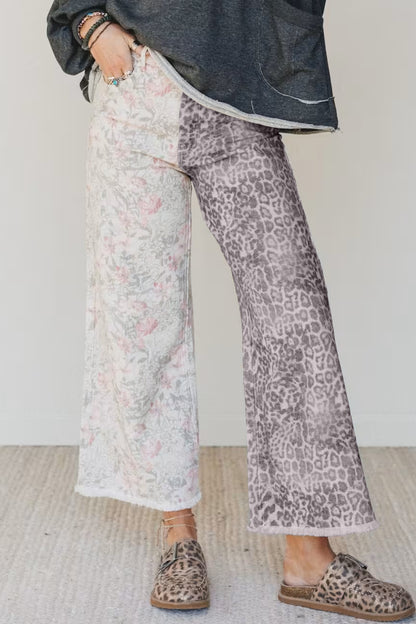 Vaqueros Multicolores Retro con Estampado Floral de Leopardo en Contraste y Bajo Sin Rematar