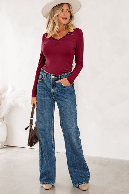 Red Dahlia Lace-trimmed Sweetheart Neckline Ruched Detail Long Sleeve T-shirt - Snoopy's Closet