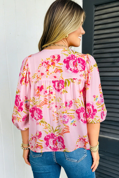Pink Floral Print Tie Neck Puffy Half Sleeve Blouse - Snoopy's Closet