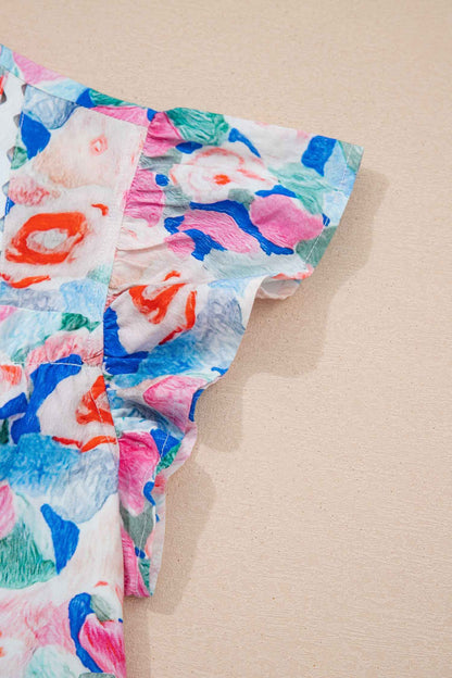 Pink Floral Print Tie V Neck Contrast Detail Ruffle Short Sleeve Blouse