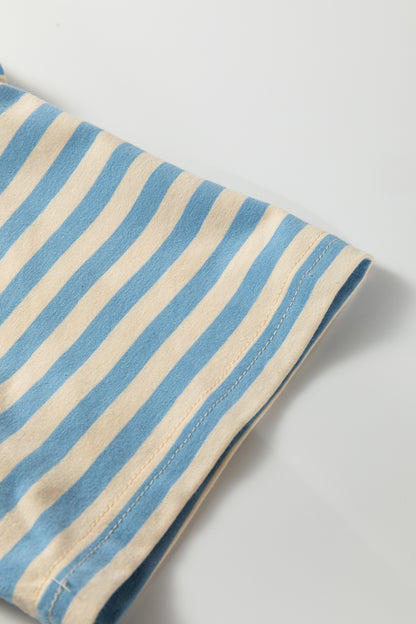 Sky Blue Stripe Contrast Crew Neck Drop Shoulder Loose Tee - Snoopy's Closet