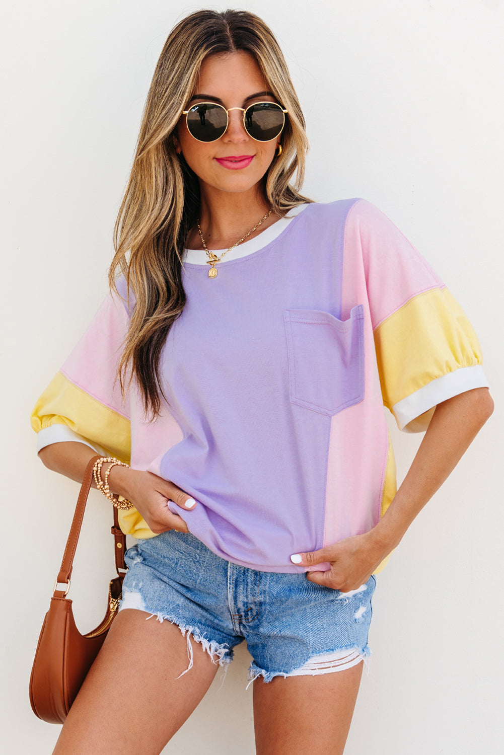 Purple Color Block Patchwork Half Sleeve Oversized T Shirt - Snoopy's Closet