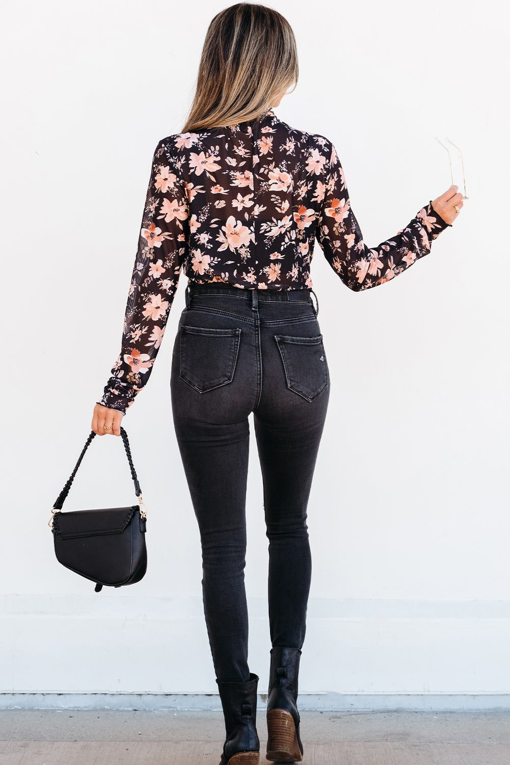 Black Floral Mesh Mock Neck Long Sleeve Slim Fit Top - Snoopy's Closet