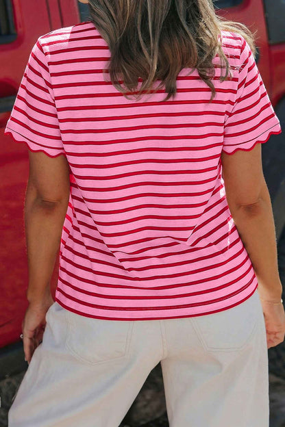 Green Stripe Scalloped Trim Round Neck T Shirt