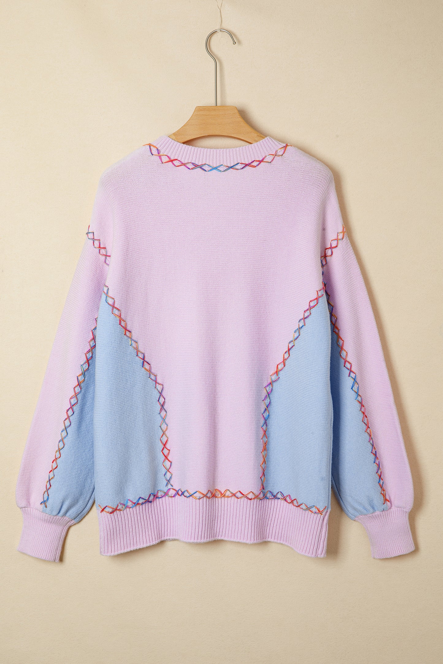 Orchid Bouquet Rainbow Stitching Balloon Sleeve Relaxed Sweater - Snoopy's Closet