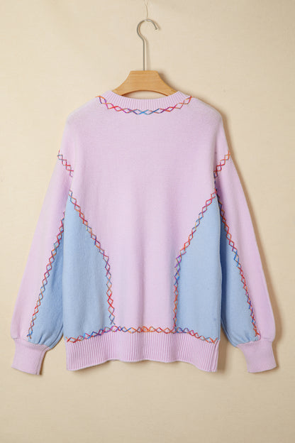 Orchid Bouquet Rainbow Stitching Balloon Sleeve Relaxed Sweater - Snoopy's Closet