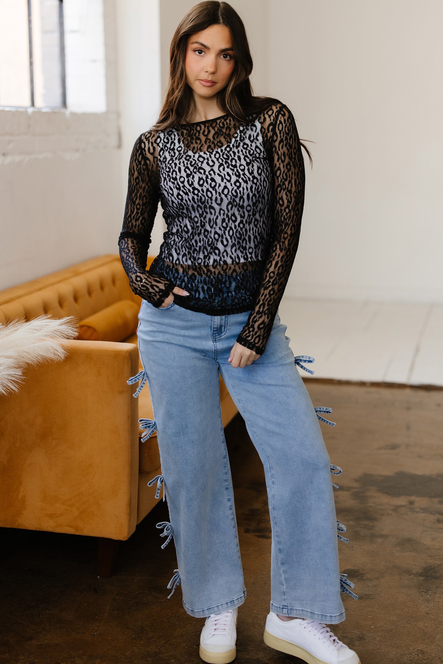 Black Leopard Pattern Sheer Mesh Long Sleeve Top - Snoopy's Closet