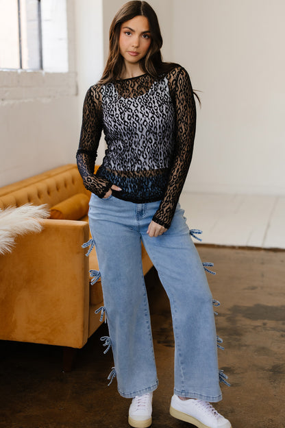 Black Leopard Pattern Sheer Mesh Long Sleeve Top - Snoopy's Closet