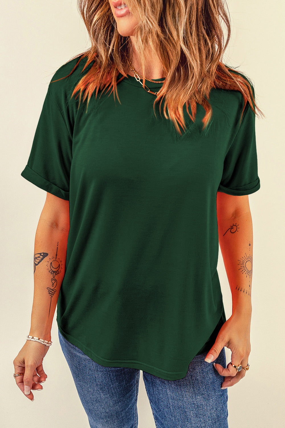 Green Casual Plain Crew Neck Tee - Snoopy's Closet