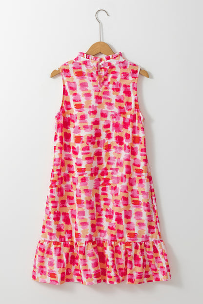 Vestido Mini Sin Mangas con Volantes en el Cuello y Estampado Abstracto Rosa