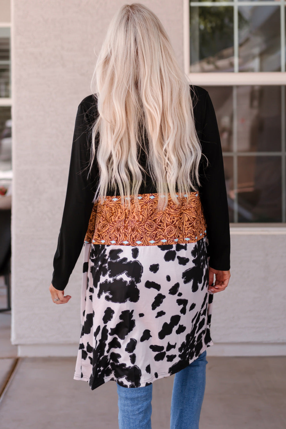 Black Western Pattern Cow Patchwork Open Front Cardigan - Snoopy's Closet