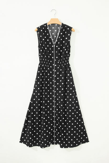 Vestido sin mangas con cremallera, cuello en V, ribete en contraste y estampado de lunares negros
