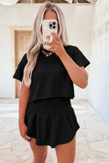 Black 2pcs Cropped Tee and Ruffle High Waist Skort Set - Snoopy's Closet