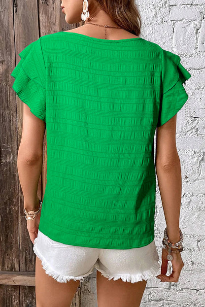 Dark Green Textured Ruffled Sleeve Round Neck Top - Snoopy's Closet